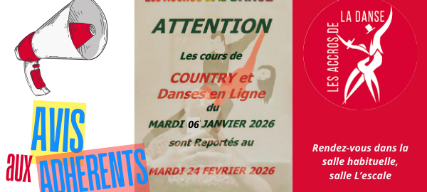 Avis aux adhérents des Accros de La Danse 77 du Mée-sur-Seine : report d'une séance de danse country et line dance !